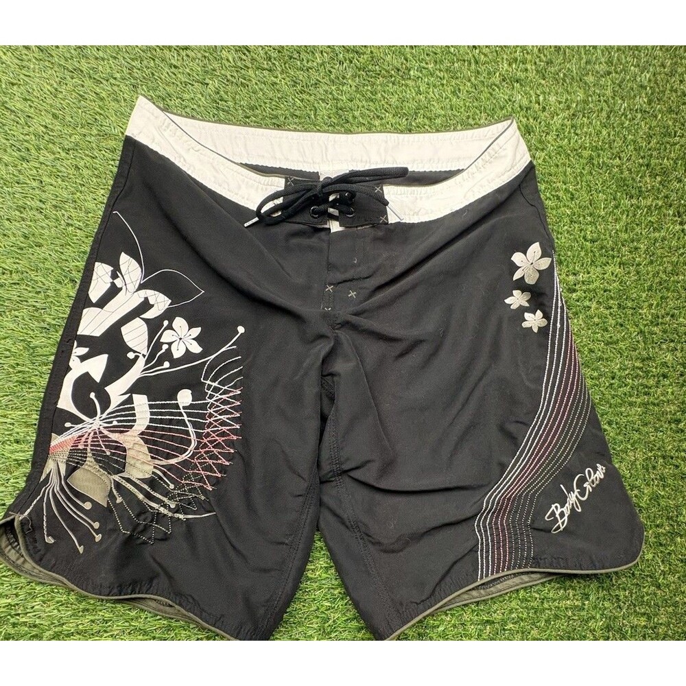 Vintage Y2K Body Glove Board Shorts M Black Floral Surf Swim Trunks 2000s
